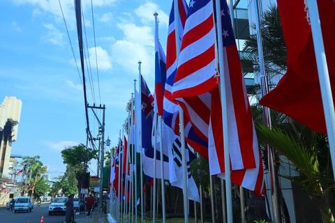 Flags of asean countries installed in front of the hotel Stock Photos