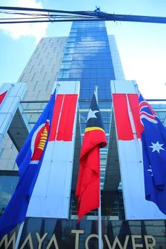 Flags of asean countries installed in front of the hotel Stock Photos