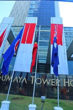 Flags of asean countries installed in front of the hotel Stock Photos