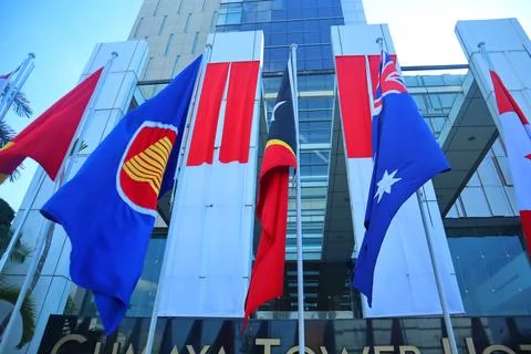 Flags of asean countries installed in front of the hotel Stock Photos