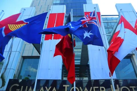 Flags of asean countries installed in front of the hotel Stock Photos
