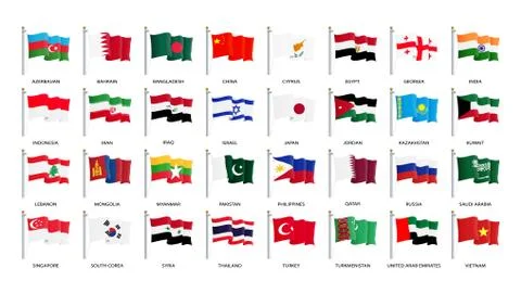 Flags of Asia, waving in the wind - Vector world flags collection Stock Illustration