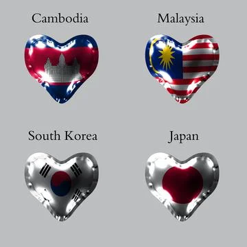 Flags of the Asian countries. The flags of Cambodia, Malaysia, South Korea, J Stock Illustration