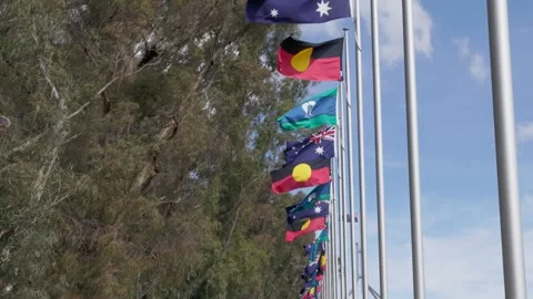 Flags of Australia, Aboriginal and Torres Strait Islander Nations Blowing in Stock Footage 316374317
