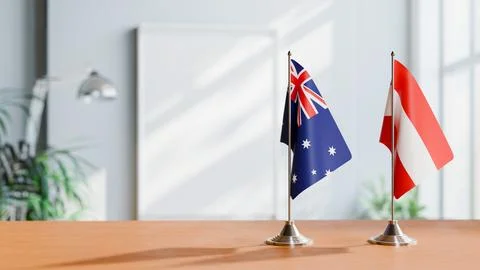 FLAGS OF  AUSTRALIA AND AUSTRIA  ON TABLE Stock Photos