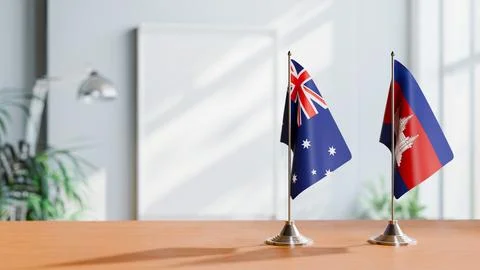 FLAGS OF  AUSTRALIA AND CAMBODIA  ON TABLE Stock Photos