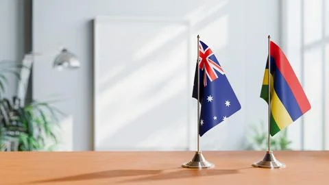 FLAGS OF  AUSTRALIA AND MAURITIUS  ON TABLE Stock Photos