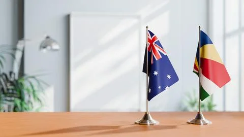 FLAGS OF  AUSTRALIA AND SEYCHELLES  ON TABLE Stock Photos