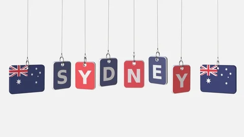 Flags of AUSTRALIA and Sydney text on hanging plates. Alpha matte for simple Vidéo 96167053