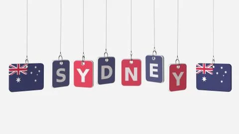 Flags of AUSTRALIA and Sydney text on hanging plates. 3D rendering Stock Illustration