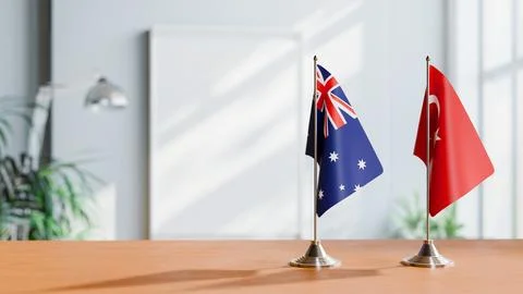 FLAGS OF  AUSTRALIA AND TURKEY  ON TABLE Stock Photos