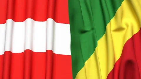 Flags of AUSTRIA and CONGO R with realistic cloth texture Stock Photos