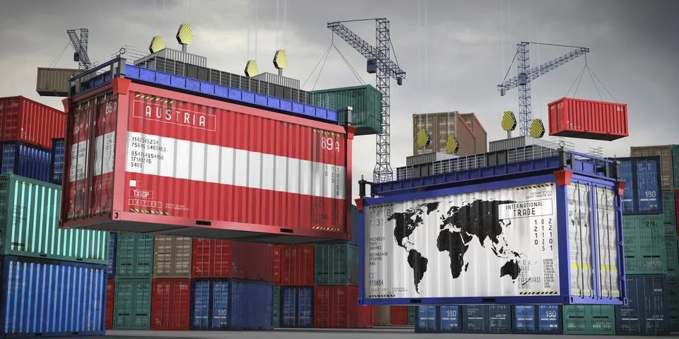 Flags of Austria and world map on cargo containers Stock Illustration