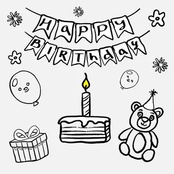 Flags, balloons, cake, candle, bear in the style of a freehand drawing. Stock Illustration