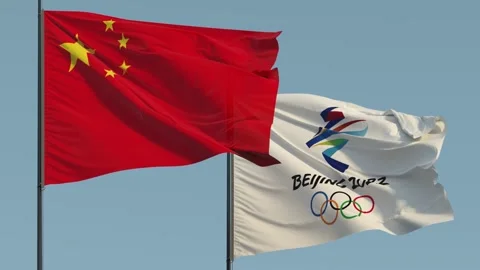 The flags of the Beijing Olympics and China are fluttering in the wind Stock Footage 169256135