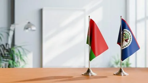 FLAGS OF  BELARUS AND BELIZE  ON TABLE Stock Photos