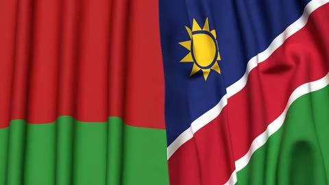 Flags of BELARUS and NAMIBIA with realistic cloth texture Stock Photos