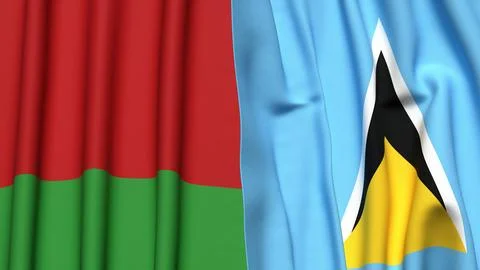 Flags of BELARUS and SAINT LUCIA with realistic cloth texture Stock Photos