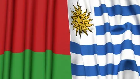Flags of BELARUS and Uruguay with realistic cloth texture Stock Photos