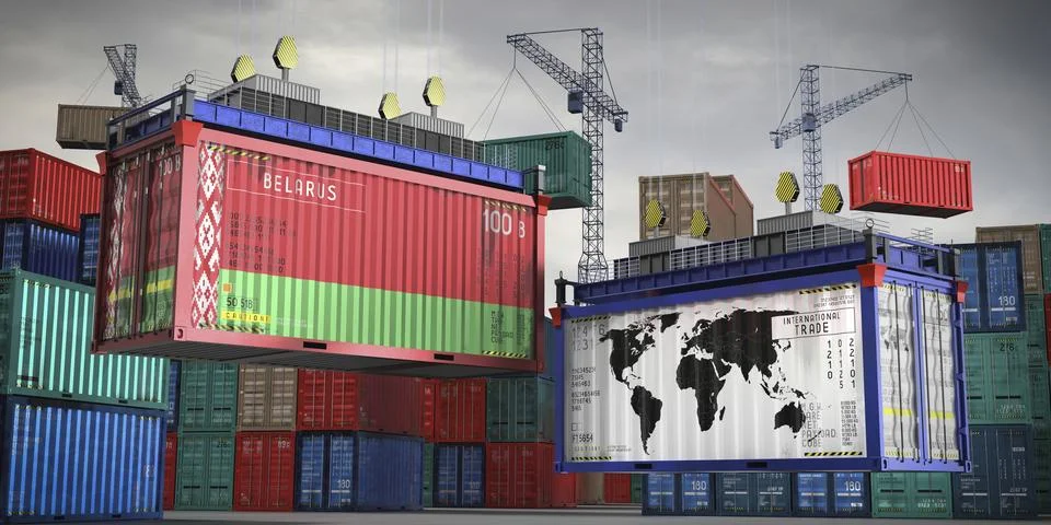 Flags of Belarus and world map on cargo containers Stock Illustration