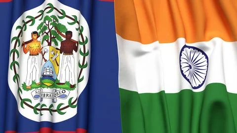 Flags of BELIZE and INDIA with realistic cloth texture Stock Photos
