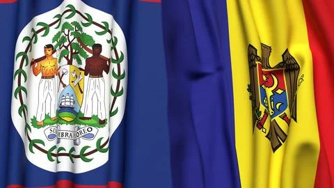 Flags of BELIZE and MOLDOVA with realistic cloth texture Stock Photos