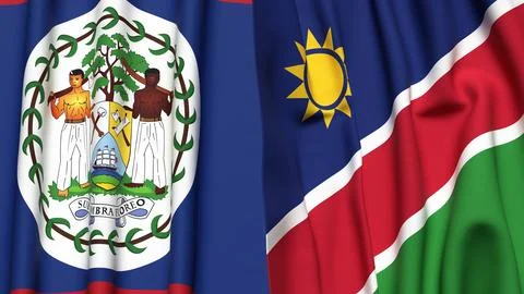 Flags of BELIZE and NAMIBIA with realistic cloth texture Stock Photos