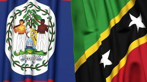 Flags of BELIZE and SAINT KITTS with realistic cloth texture Stock Photos