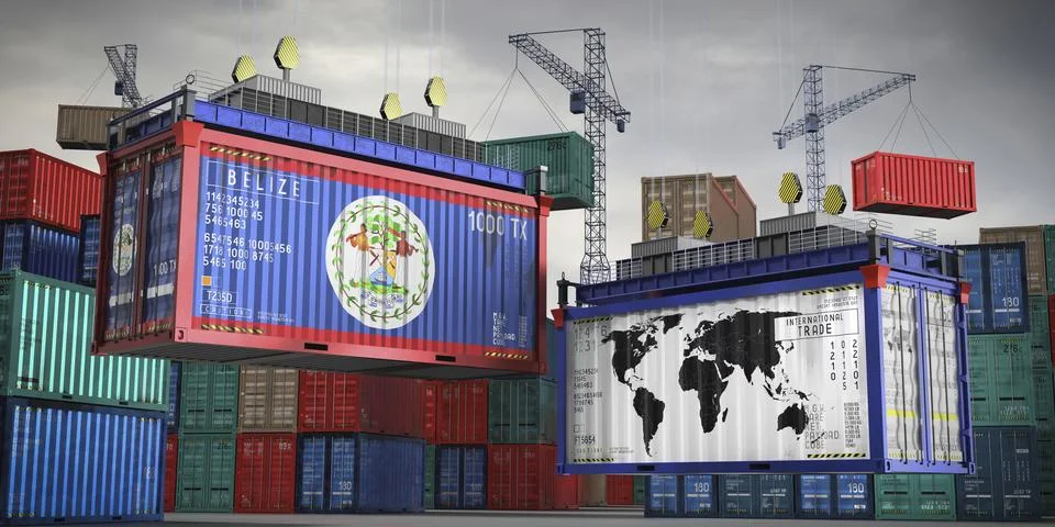 Flags of Belize and world map on cargo containers Stock Illustration