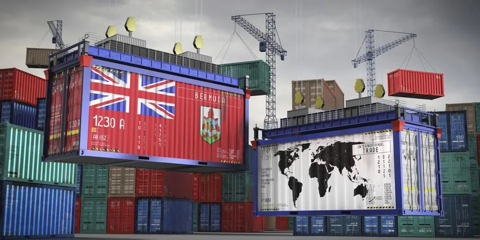 Flags of Bermuda and world map on cargo containers Stock Illustration
