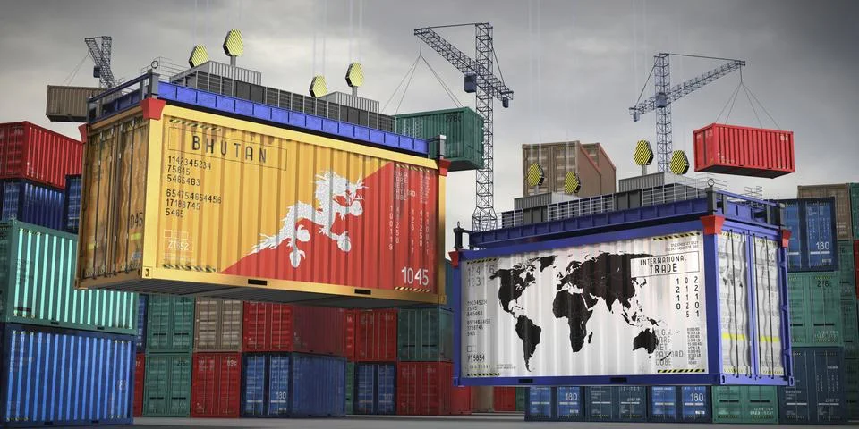 Flags of Bhutan and world map on cargo containers Stock Illustration