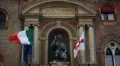 Flags, Bologna Street, Italian Historic City, European Old Street, Italy HD Footage