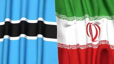 Flags of BOTSWANA and IRAN with realistic cloth texture Stock Photos