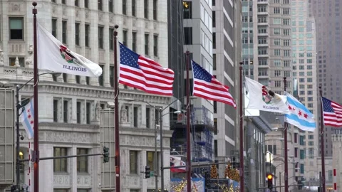 Flags on Bridge, USA, Illinois and Chicago Flag in strong Wind Video stock 147979643
