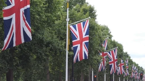 Flags of Britain along the street. Stock Footage