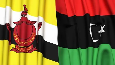 Flags of BRUNEI and LIBYA with realistic cloth texture Stock Photos