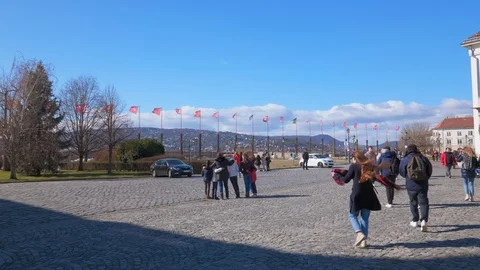 Flags on Buda castle hill. Stock Footage 129085667
