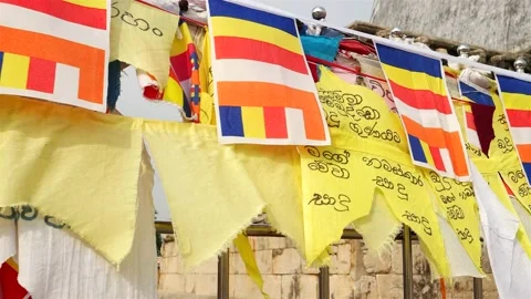 Flags at buddhist temple. Sri Lanka. 4K resolution close up. Stock Footage 139462256