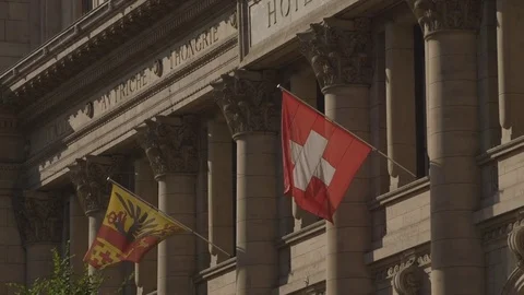 Flags on the building in Geneva Stock Footage 71135080