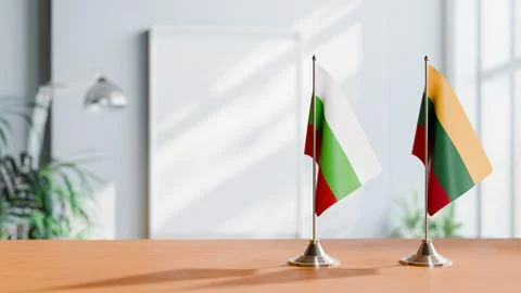 FLAGS OF BULGARIA AND LITHUANIA ON TABLE Stock Photos