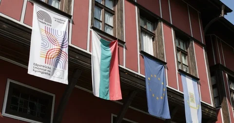 Flags of Bulgaria, EU, Plovdiv and European capital of culture 2019 at Plovdiv Stock Footage 93528635