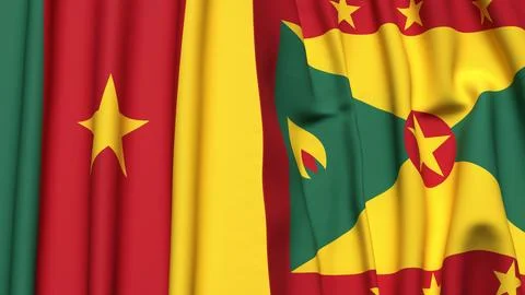 Flags of CAMEROON and  GRENADA with realistic cloth texture Stock Photos