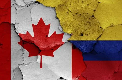 Flags of Canada and Colombia painted on cracked wall Stock Illustration