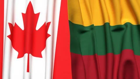 Flags of CANADA and LITHUANIA with realistic cloth texture Stock Photos