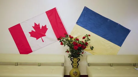 Flags of Canada and Ukraine hang on a wall with flowers in a vase below them in Stock-Footage 345079954