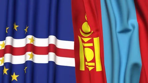 Flags of CAPE VERDE and MONGOLIA with realistic cloth texture Stock Photos