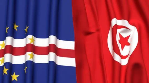 Flags of CAPE VERDE and TUNISIA with realistic cloth texture Stock Photos