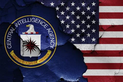 Flags of Central Intelligence Agency and USA painted on cracked wall Stock Illustration