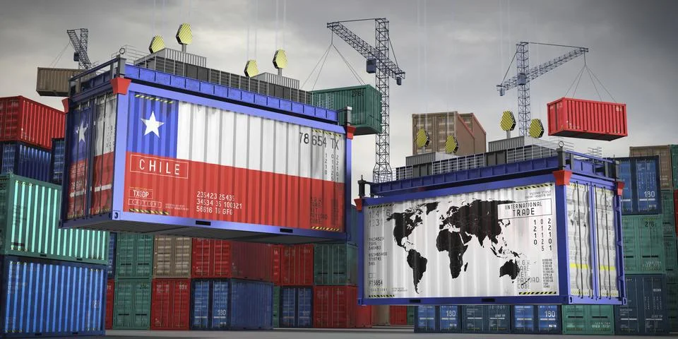 Flags of Chile and world map on cargo containers Stock Illustration