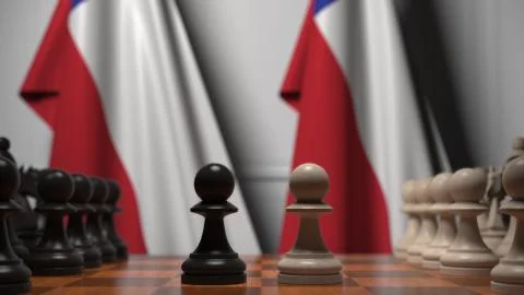Flags of Chile behind pawns on the chessboard. Chess game or political rivalry Stock Illustration